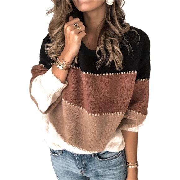 Women's Sweater Casual Long Sleeve Crewneck Color Block Patchwork